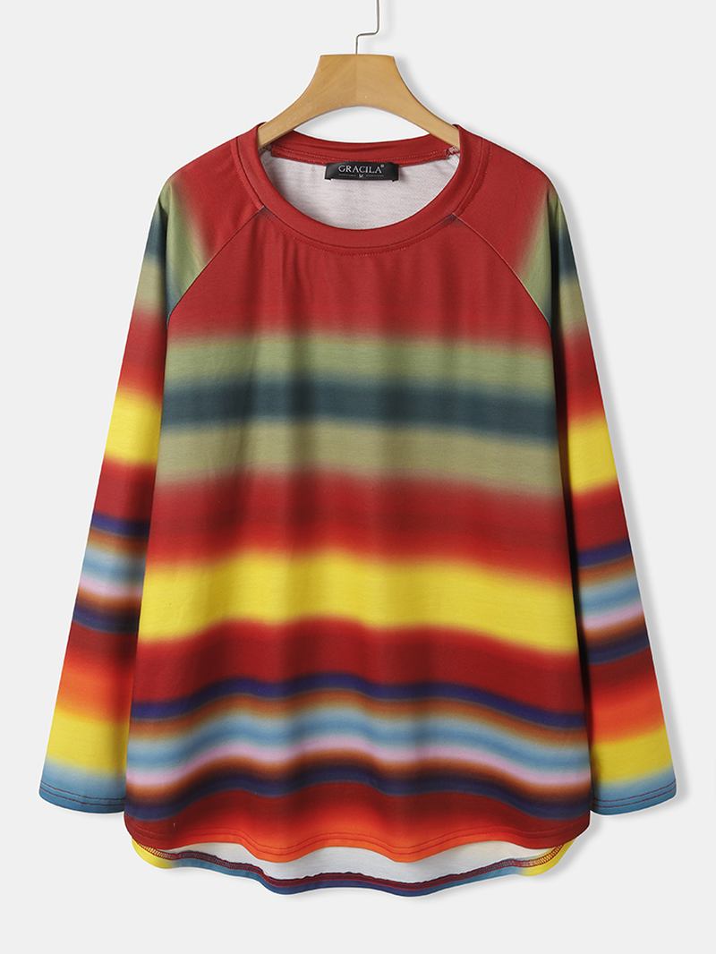 Kvinner Multi Color Ombre Stripet O-hals Raglan Sleeve Fritids Sweatshirts