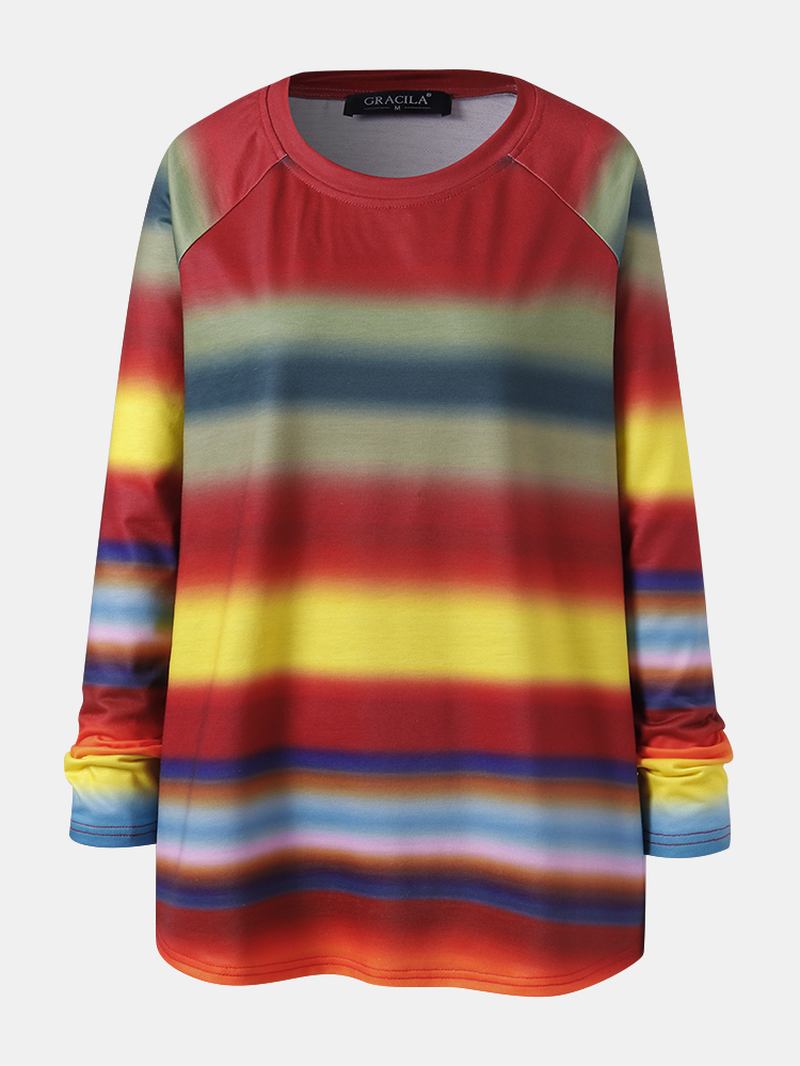 Kvinner Multi Color Ombre Stripet O-hals Raglan Sleeve Fritids Sweatshirts