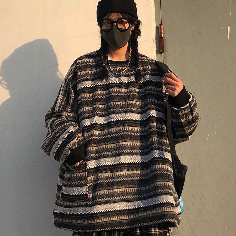 Kvinner Oversize Ulzzang Bf Unisex-par Japansk Stripete Strikket Genser Hiphop Dame Ny Vintermote