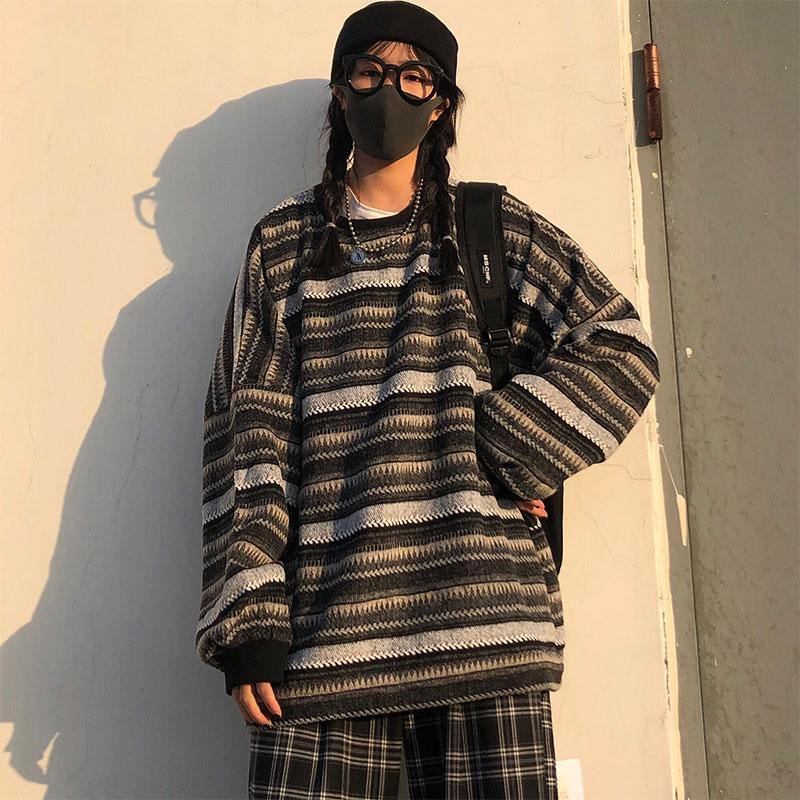 Kvinner Oversize Ulzzang Bf Unisex-par Japansk Stripete Strikket Genser Hiphop Dame Ny Vintermote