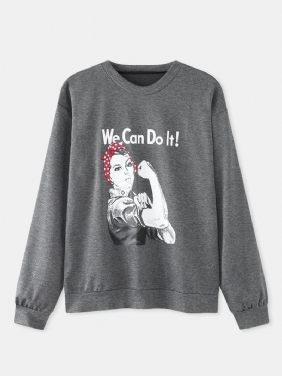 Kvinner Slogan Figur Med Trykk Crew Neck Fritids Drop Shoulder Sweatshirts