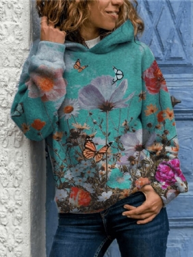 Kvinner Sommerfugl Blomstrete Med Trykk Langermet Fritids Pullover Hettegensere