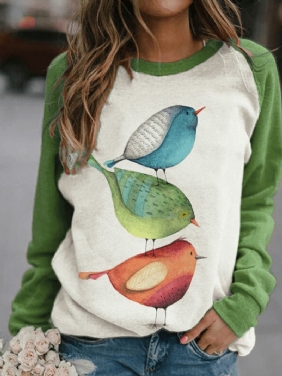 Kvinner Tegneserie Bird Med Trykk O-hals Raglan Sleeves Pullover Sweatshirts