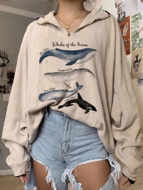 Kvinner Variety Whale Med Trykk Løs Pullover Langermet Sweatshirts