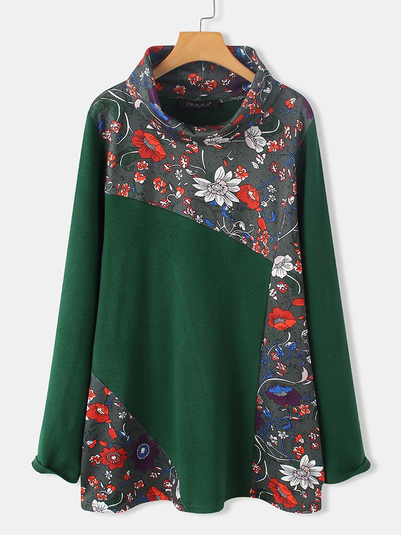 Kvinner Vintage Blomstrete Med Trykk Patchwork Turtleneck Langermede Gensere