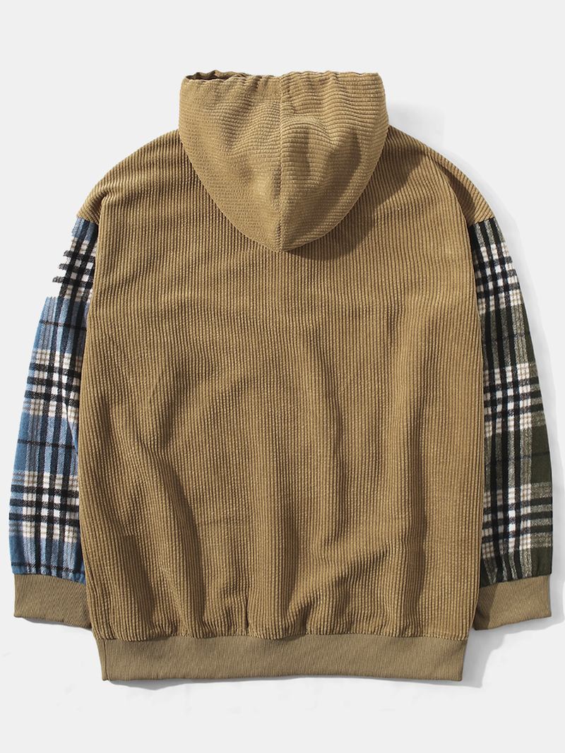 Menn Corduroy Rutet Patchwork Kangaroo Sweatshirt Med Lommeknapp