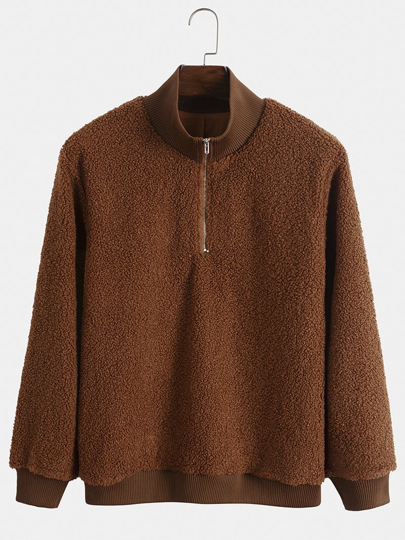 Menn Teddy Fleece Høyhals Ensfarget Half Zip Pullover Fritids Sweatshirt