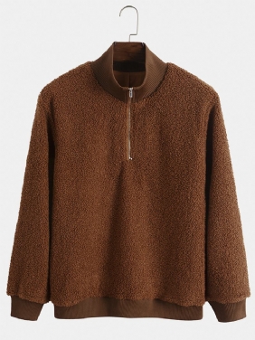 Menn Teddy Fleece Høyhals Ensfarget Half Zip Pullover Fritids Sweatshirt