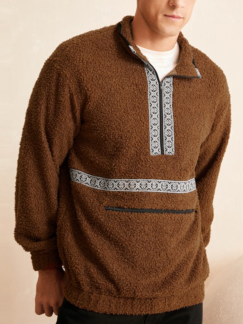 Menn Teddy Tribal Zip Pocket Half Zip Pattern Pullover Pullover Sweatshirt