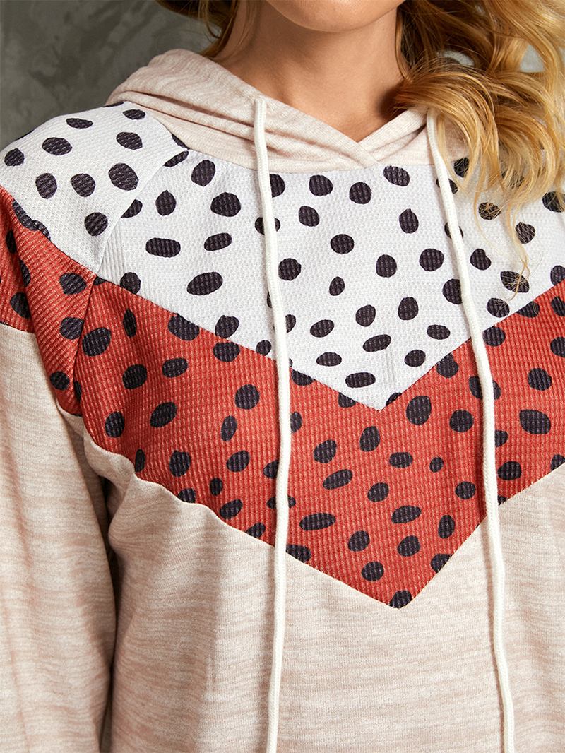 Polkadot Med Trykk Patchwork Uformelt Snøring Langermet Hettegensere Med Rund Hals