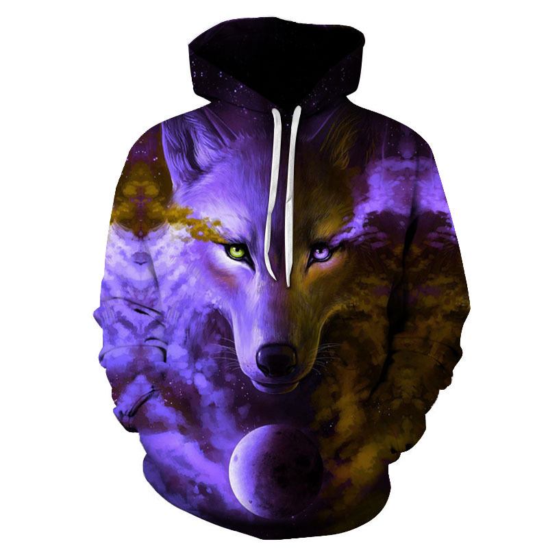 Purple Series Wolf 3d Digital Med Trykk Wolf Hette Fritids Genser