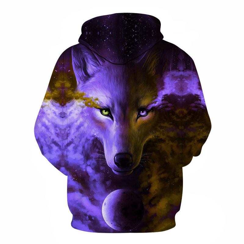 Purple Series Wolf 3d Digital Med Trykk Wolf Hette Fritids Genser