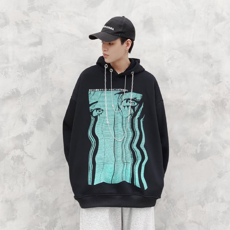 Retro Teary Geometrisk Trykk Hip Hop Pluss Fleece Hettegenser