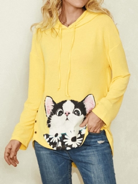 Tegneserie Katt Blomstrete Med Trykk Sideknapp Snøring Buet Hem Pullover Hettegenser For Kvinner