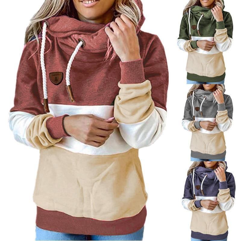 Vinter Kvinner Kontrastsøm Hette Turtleneck Fritids Solid Kontrast Langermet Hettegenser Sweatshirt Topper