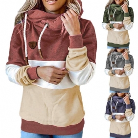 Vinter Kvinner Kontrastsøm Hette Turtleneck Fritids Solid Kontrast Langermet Hettegenser Sweatshirt Topper