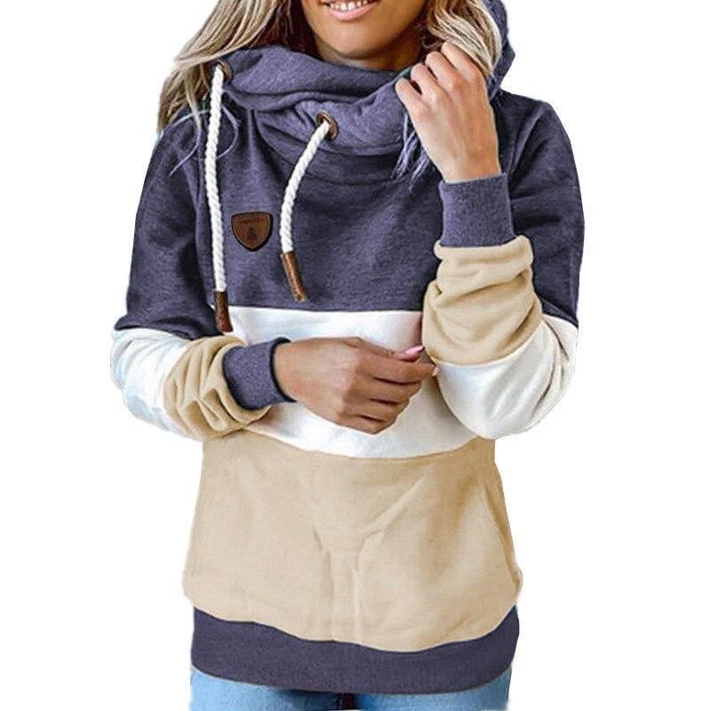 Vinter Kvinner Kontrastsøm Hette Turtleneck Fritids Solid Kontrast Langermet Hettegenser Sweatshirt Topper