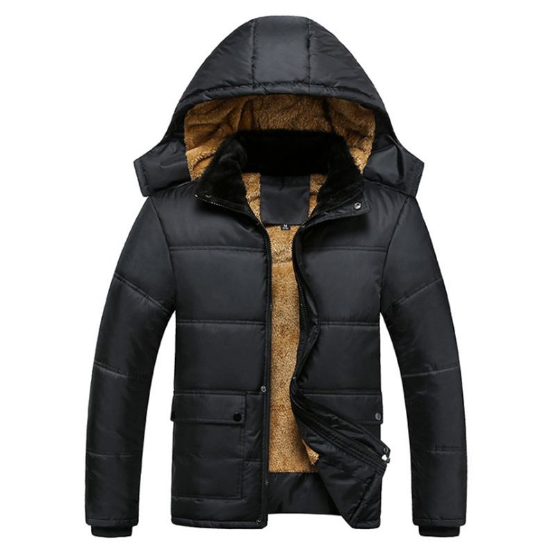 Herre Tykk Varm Vinter Fleece Hettejakke Black Big Pocket Coats