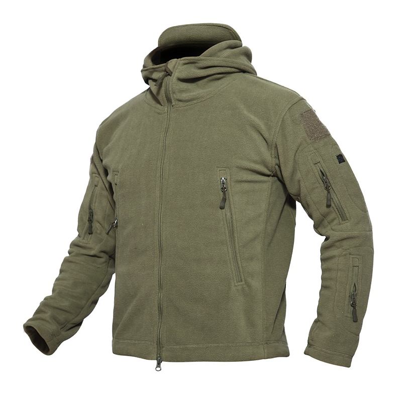 Herre Varm Fleece Utendørs Softshell Hette Militær Taktisk Army Grønn Jakke