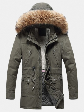 Herre Varm Solid Farge Vindtett Multi Pocket Avtakbar Faux Fur Krage Hettefrakk