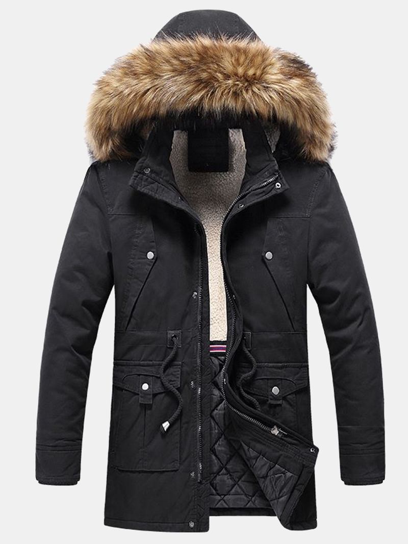 Herre Varm Solid Farge Vindtett Multi Pocket Avtakbar Faux Fur Krage Hettefrakk