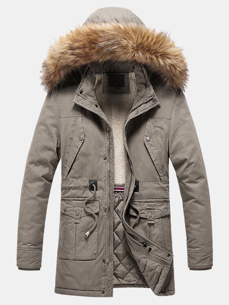 Herre Varm Solid Farge Vindtett Multi Pocket Avtakbar Faux Fur Krage Hettefrakk