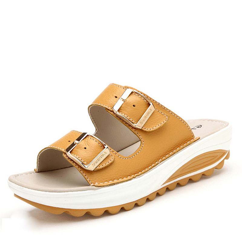 Stor Størrelse Mykt Skinnspenne Peep Toe-tøfler Slip On Beach Platform Sandaler