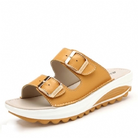 Stor Størrelse Mykt Skinnspenne Peep Toe-tøfler Slip On Beach Platform Sandaler