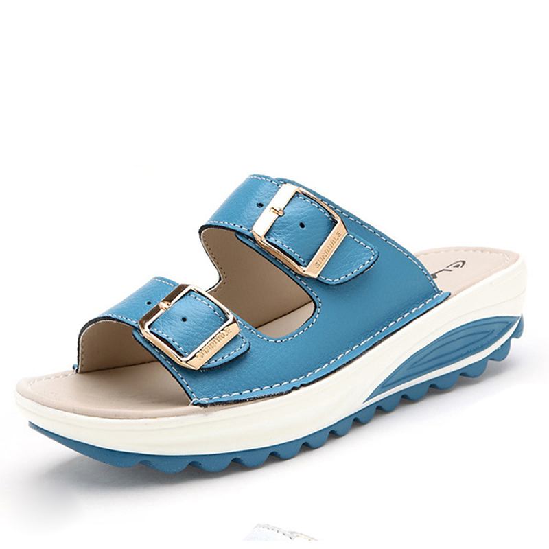 Stor Størrelse Mykt Skinnspenne Peep Toe-tøfler Slip On Beach Platform Sandaler