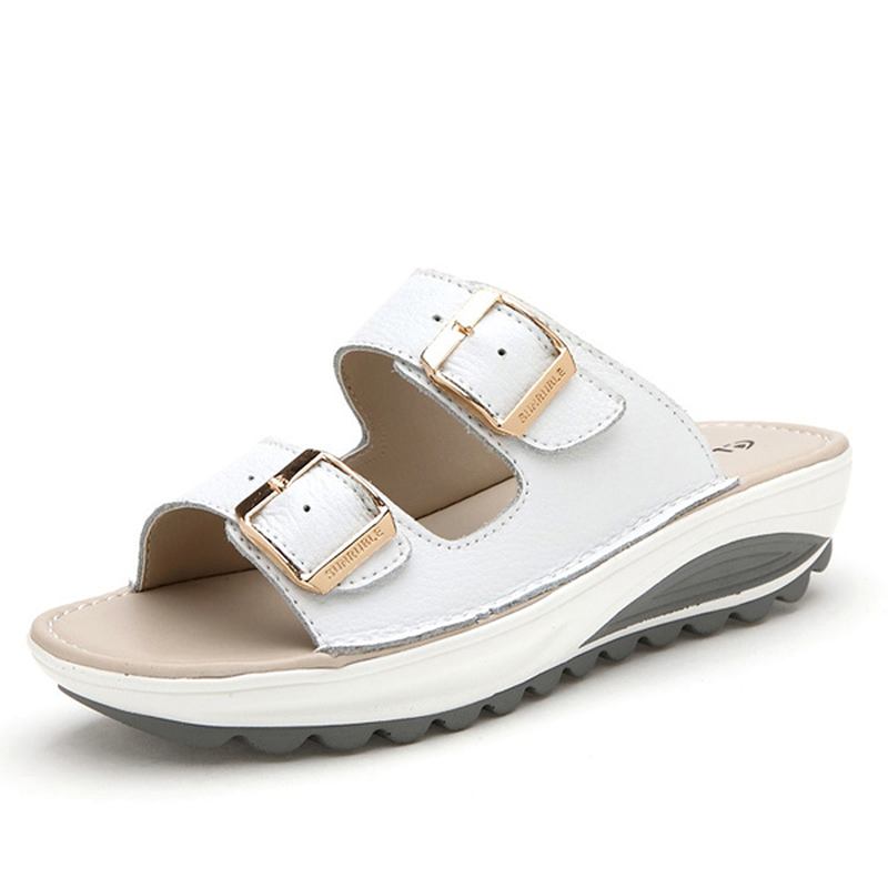 Stor Størrelse Mykt Skinnspenne Peep Toe-tøfler Slip On Beach Platform Sandaler