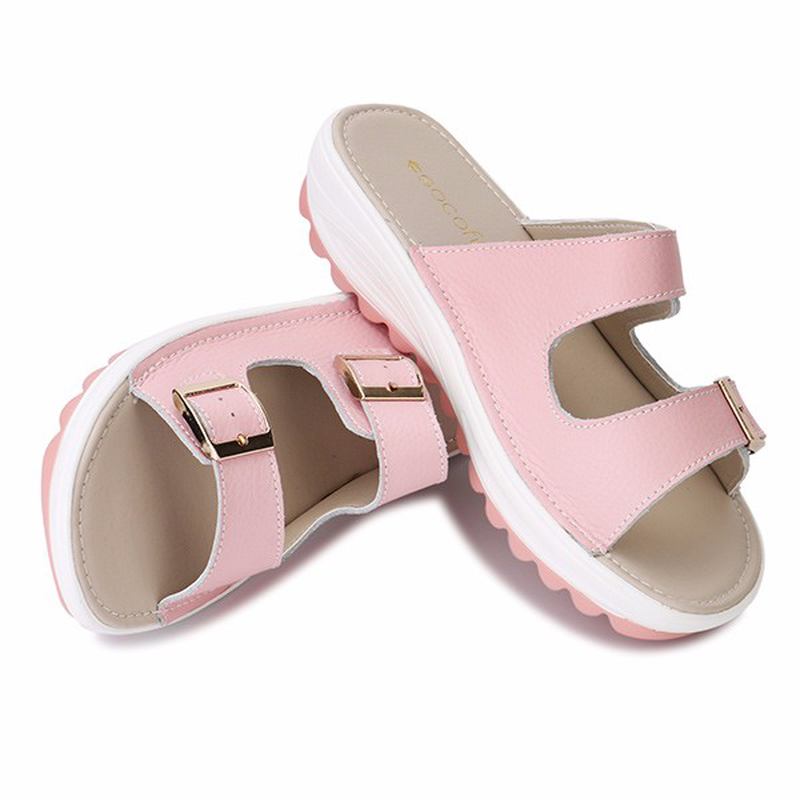 Stor Størrelse Mykt Skinnspenne Peep Toe-tøfler Slip On Beach Platform Sandaler