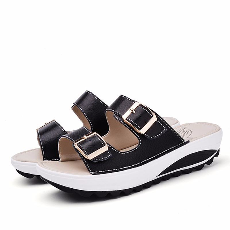 Stor Størrelse Mykt Skinnspenne Peep Toe-tøfler Slip On Beach Platform Sandaler