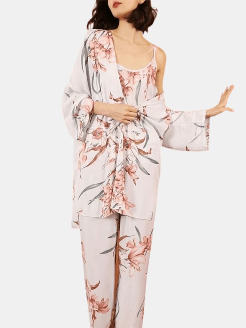 3 Stk Kvinner Blomstertrykk Slynge Wide Leg Bukser Åpne Front Robes Fritids Hjem Pyjamas Set