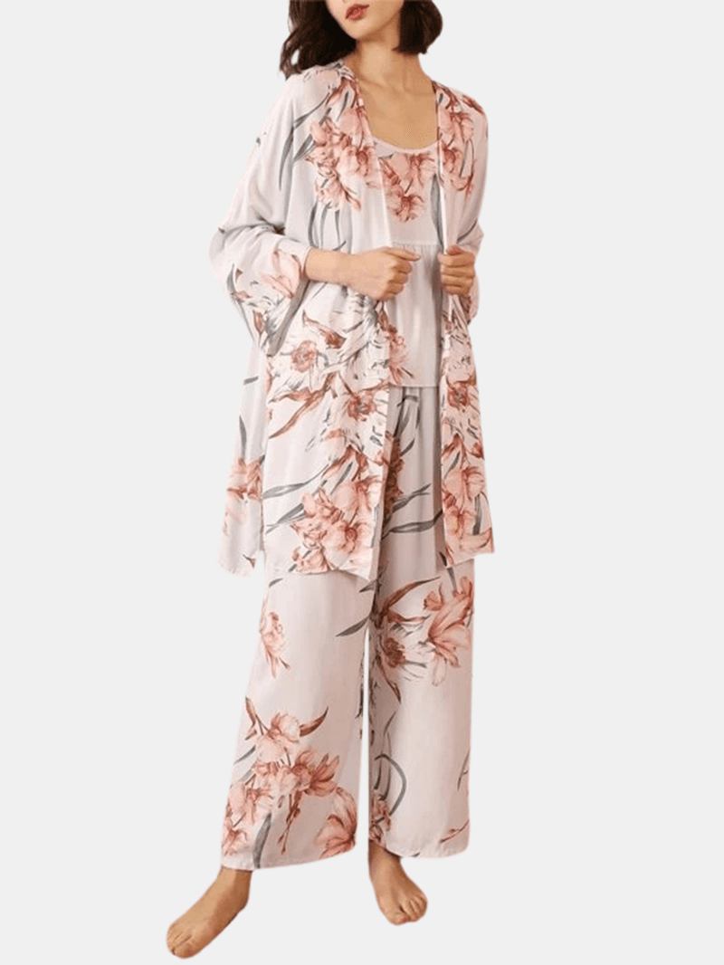 3 Stk Kvinner Blomstertrykk Slynge Wide Leg Bukser Åpne Front Robes Fritids Hjem Pyjamas Set