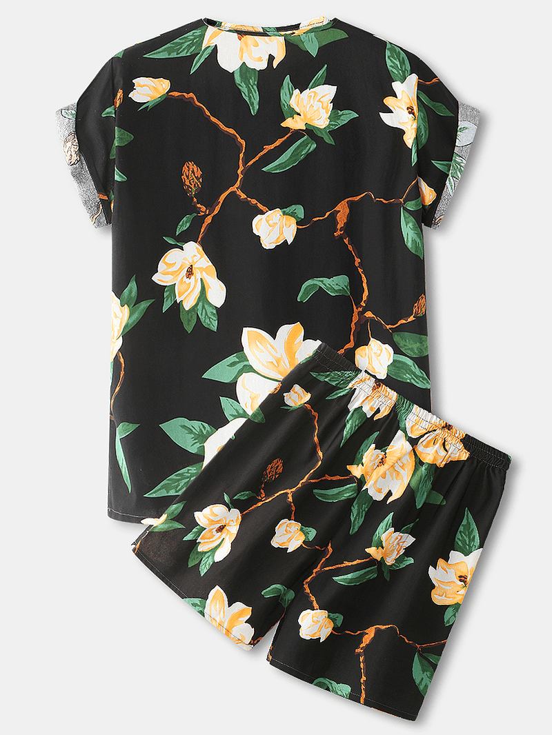 Blomstertrykk For Menn Med V-hals Løs Bomull Kort Loungewear Med Lomme