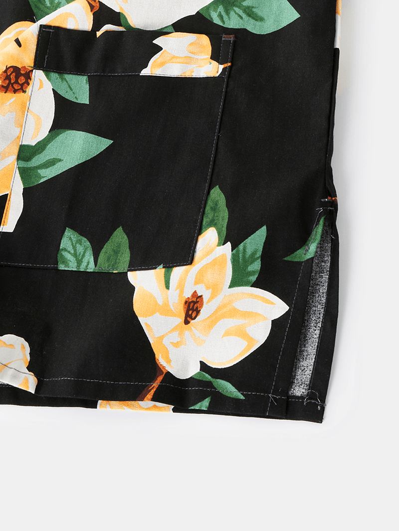 Blomstertrykk For Menn Med V-hals Løs Bomull Kort Loungewear Med Lomme