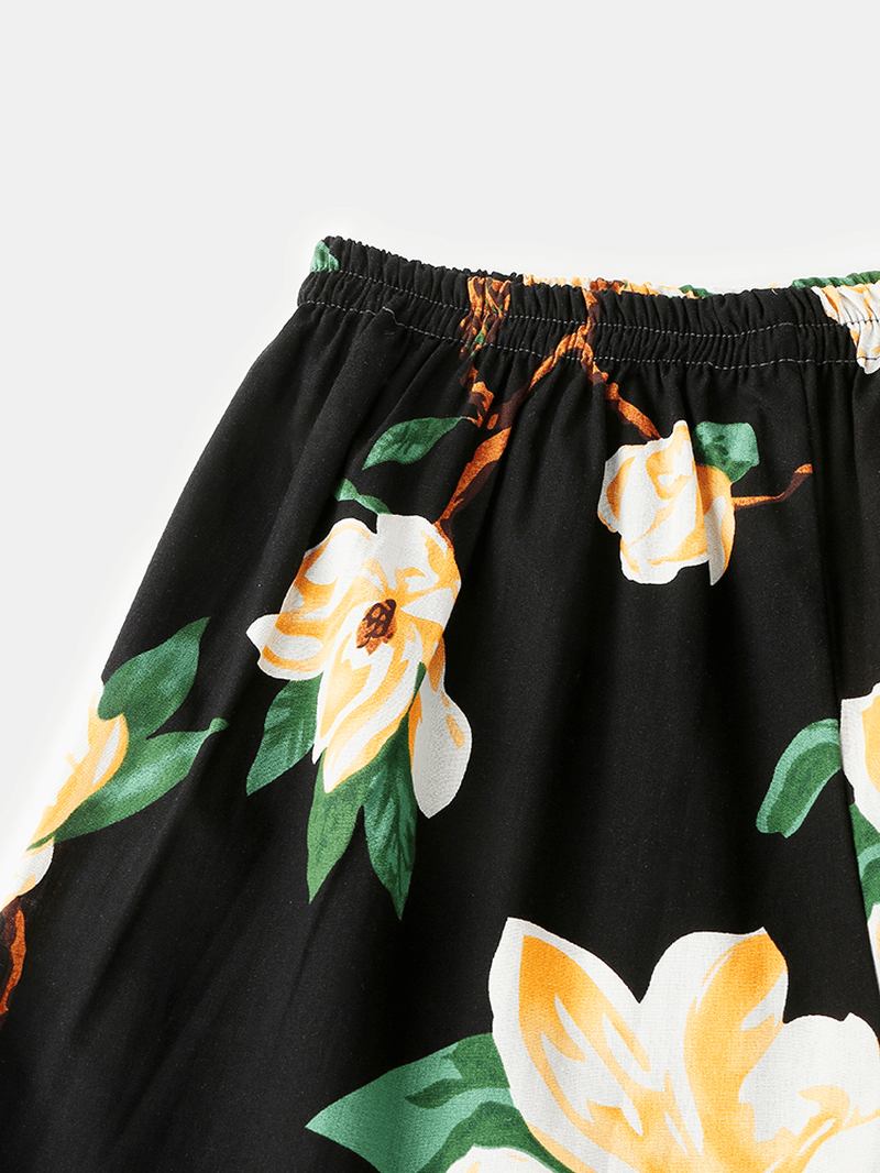 Blomstertrykk For Menn Med V-hals Løs Bomull Kort Loungewear Med Lomme