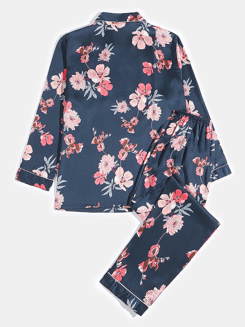 Blomstertrykk For Menn Revere Krage Langermet Pyjamassett Med Kontrastbinding