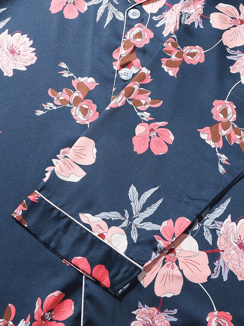 Blomstertrykk For Menn Revere Krage Langermet Pyjamassett Med Kontrastbinding