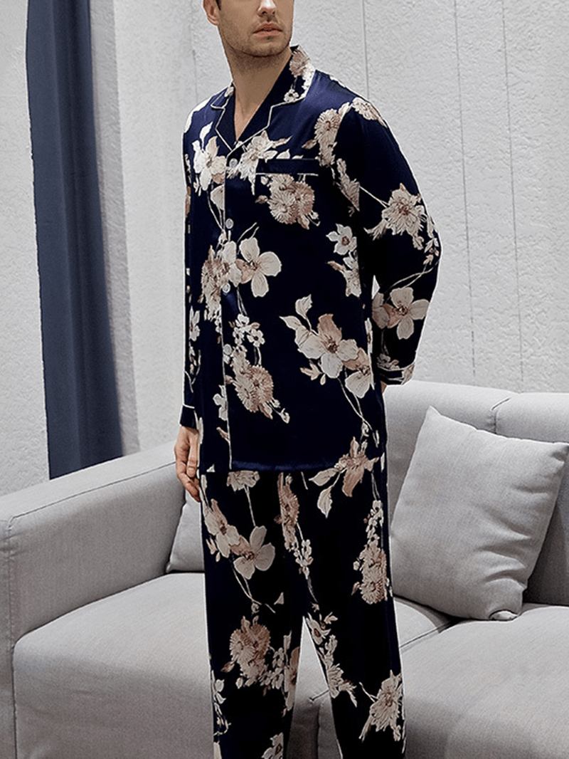 Blomstertrykk For Menn Revere Krage Langermet Pyjamassett Med Kontrastbinding