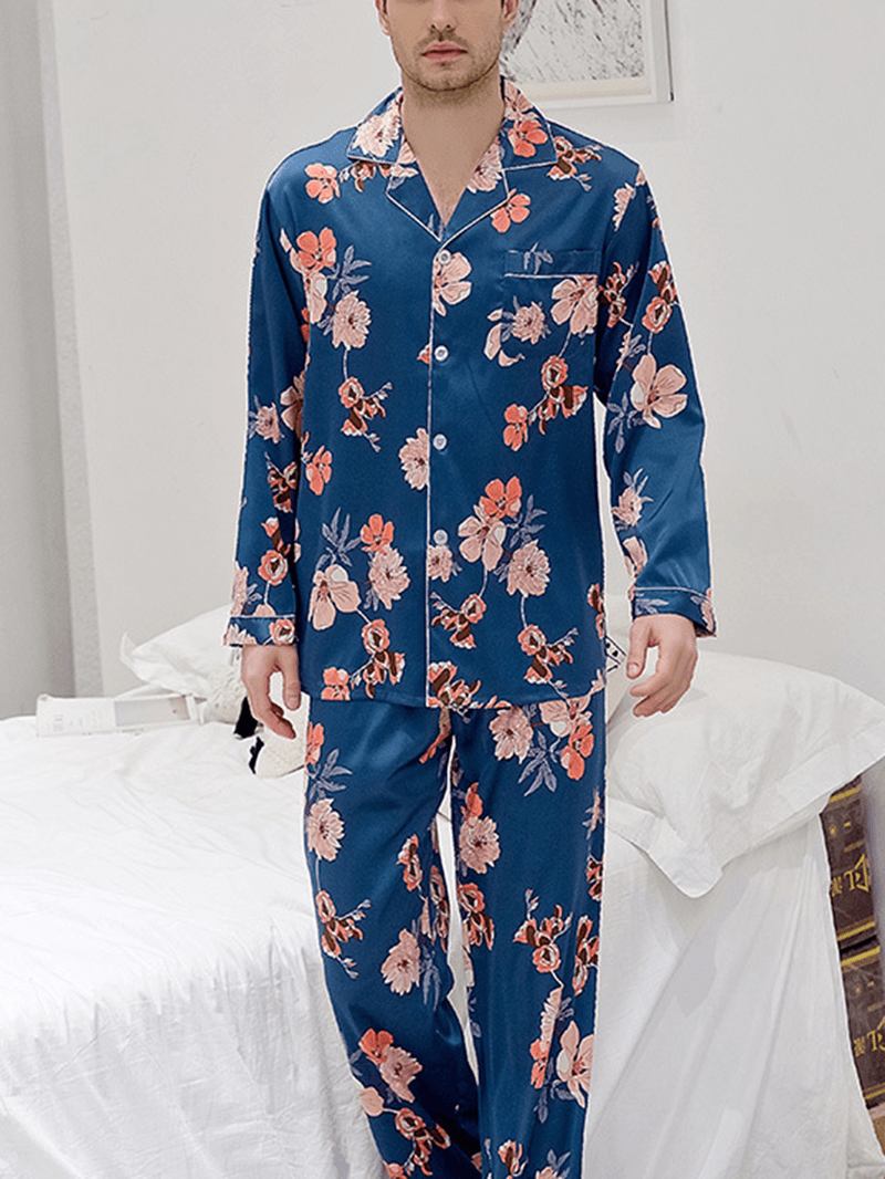 Blomstertrykk For Menn Revere Krage Langermet Pyjamassett Med Kontrastbinding