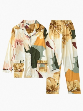 Blomstertrykt Bomull Med Lange Ermer Button Down Fritids Pyjamassett