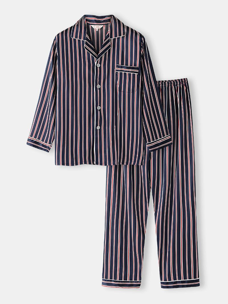 Classic Stripe Revere Krage Langermet Elastisk Midje Ice Silk Home Uformelt Pyjamassett