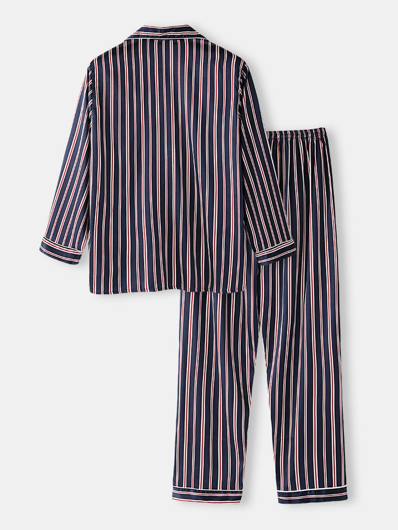 Classic Stripe Revere Krage Langermet Elastisk Midje Ice Silk Home Uformelt Pyjamassett