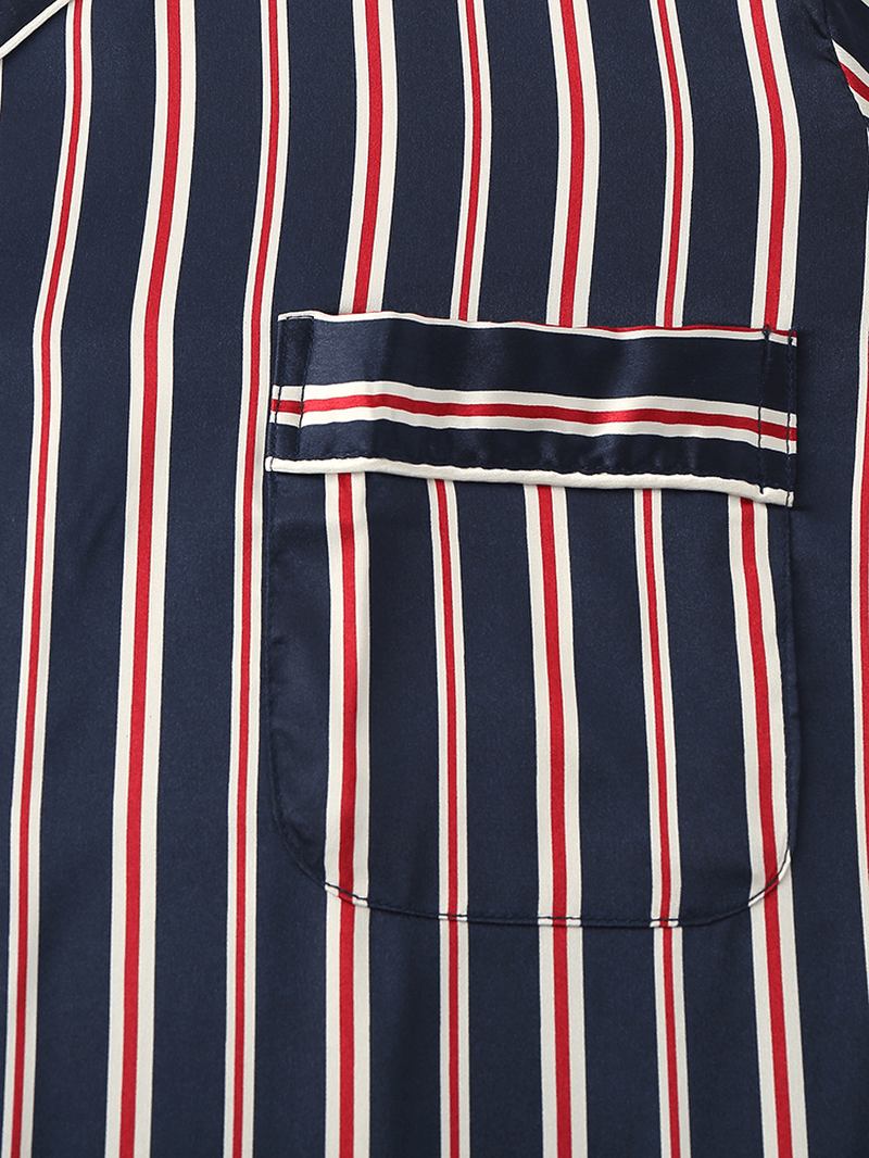 Classic Stripe Revere Krage Langermet Elastisk Midje Ice Silk Home Uformelt Pyjamassett