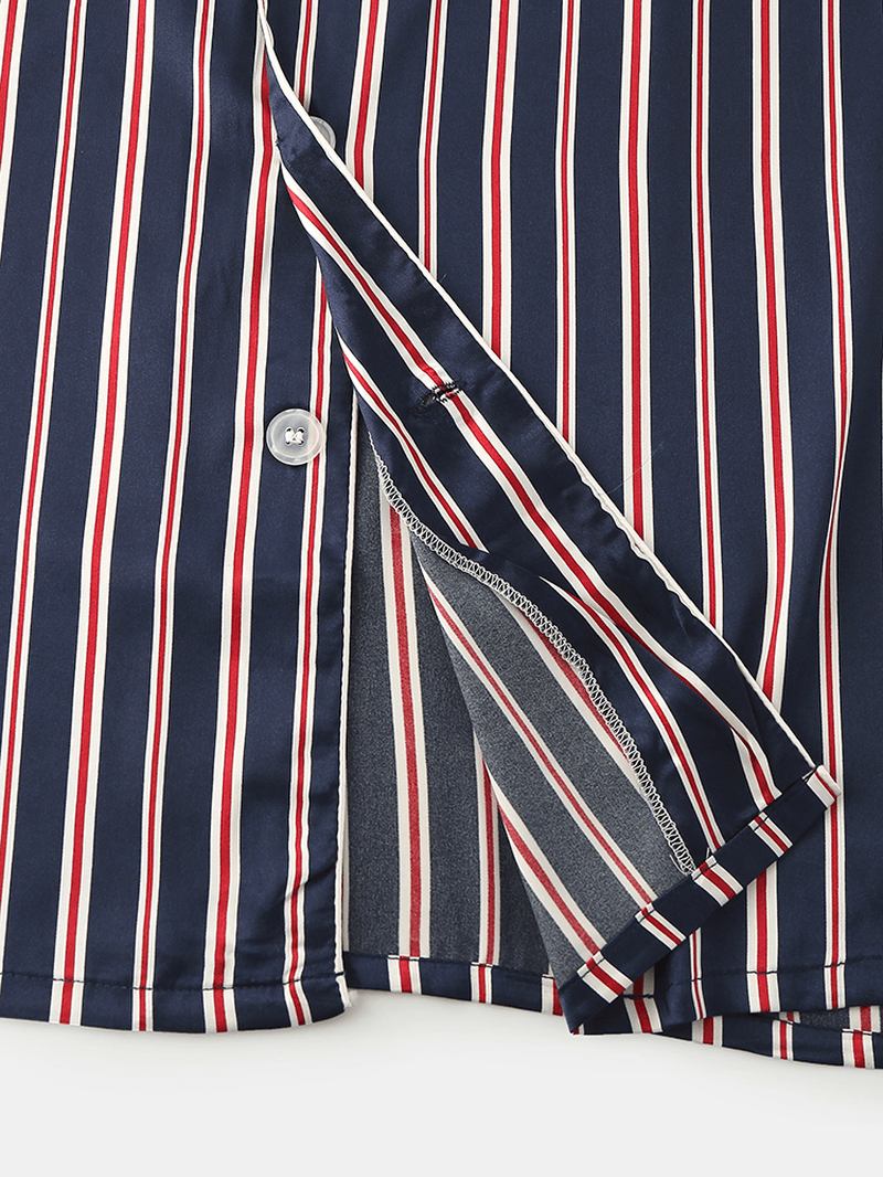 Classic Stripe Revere Krage Langermet Elastisk Midje Ice Silk Home Uformelt Pyjamassett