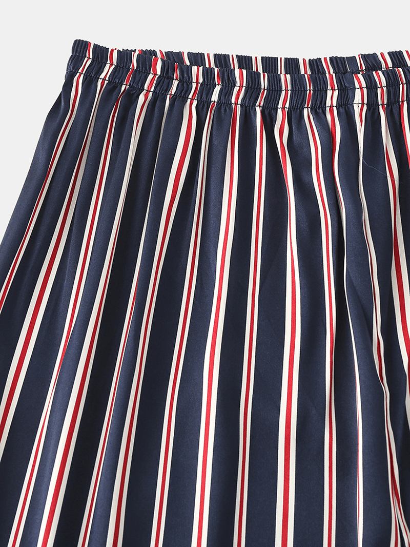 Classic Stripe Revere Krage Langermet Elastisk Midje Ice Silk Home Uformelt Pyjamassett