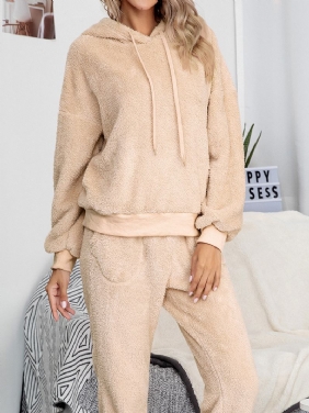 Dame Ensfarget Fleece Genser Hettegenser Joggerbukser Todelt Home Fuzzy Pyjamassett