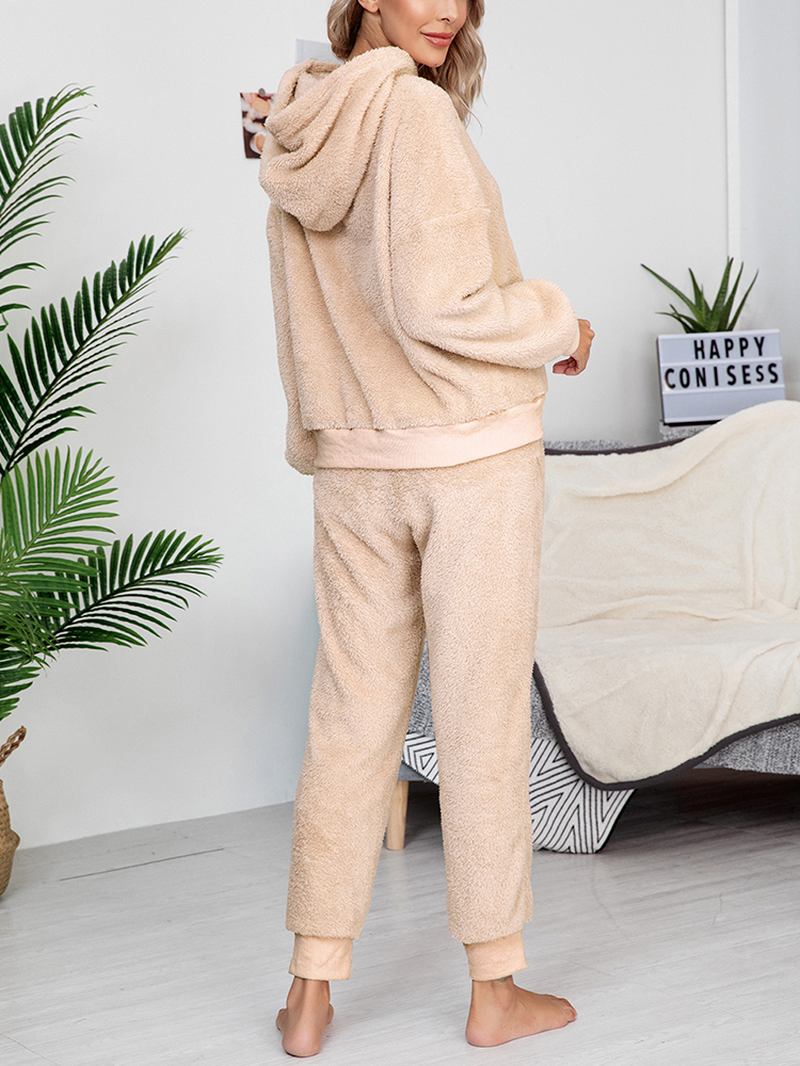 Dame Ensfarget Fleece Genser Hettegenser Joggerbukser Todelt Home Fuzzy Pyjamassett