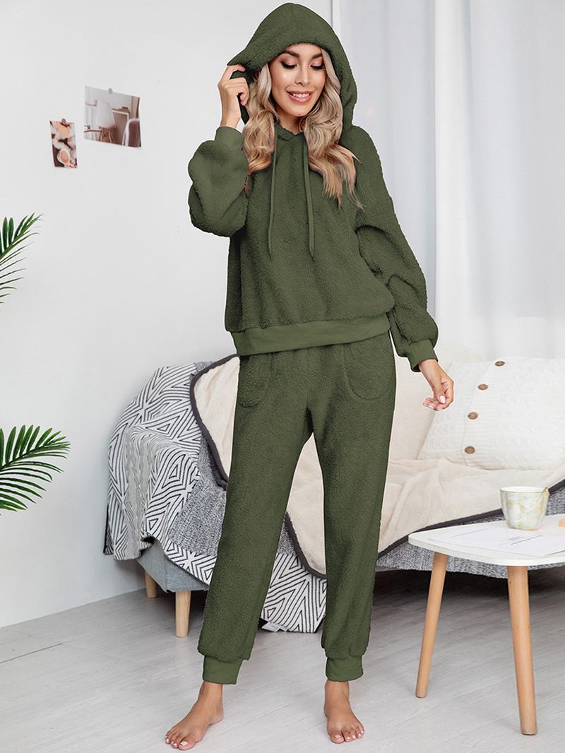 Dame Ensfarget Fleece Genser Hettegenser Joggerbukser Todelt Home Fuzzy Pyjamassett